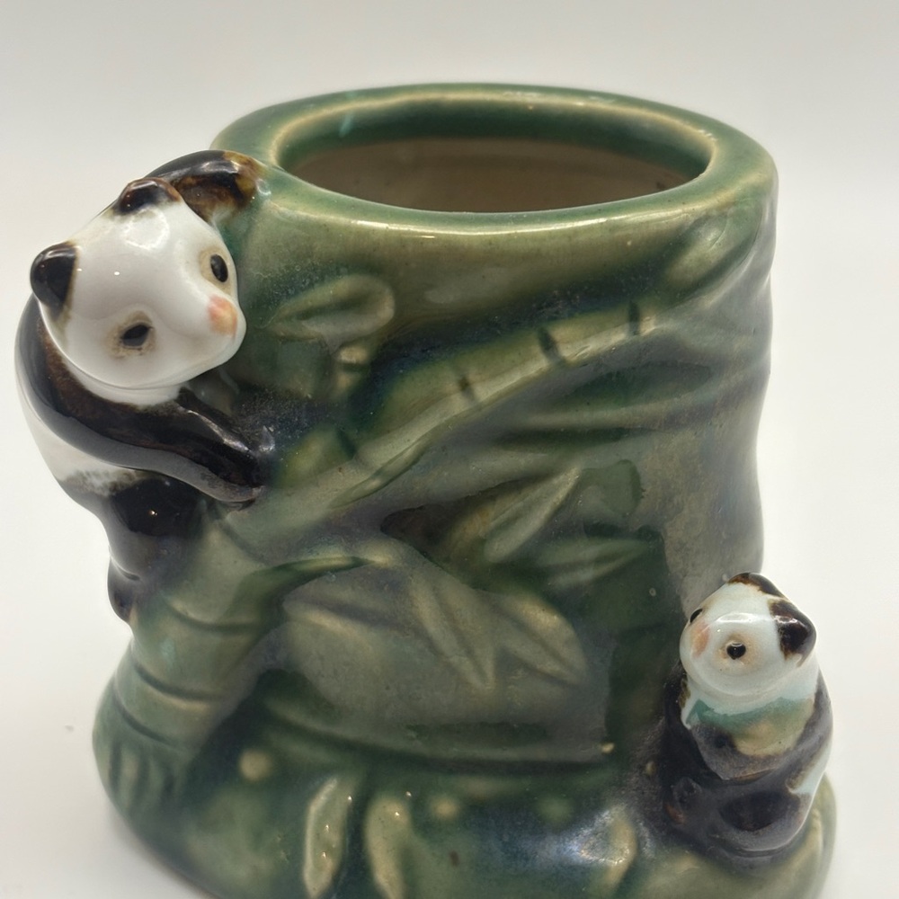 Vintage Panda Bamboo Planter 4” Green Ceramic B-252 Mid Century